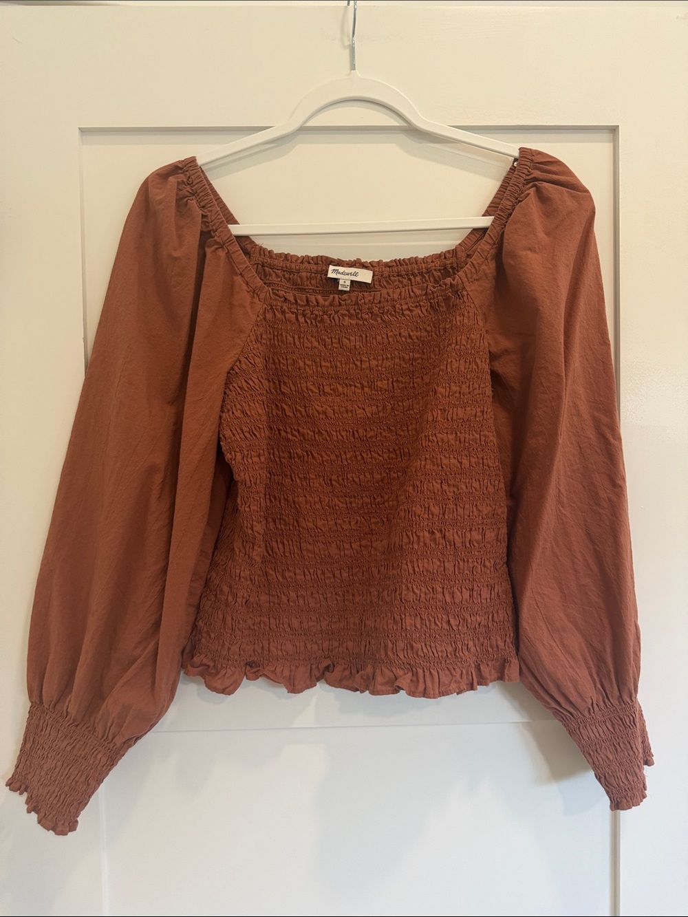 Madewell Smocked Square Neck Puff Sleeve Top Brown Rust Size S